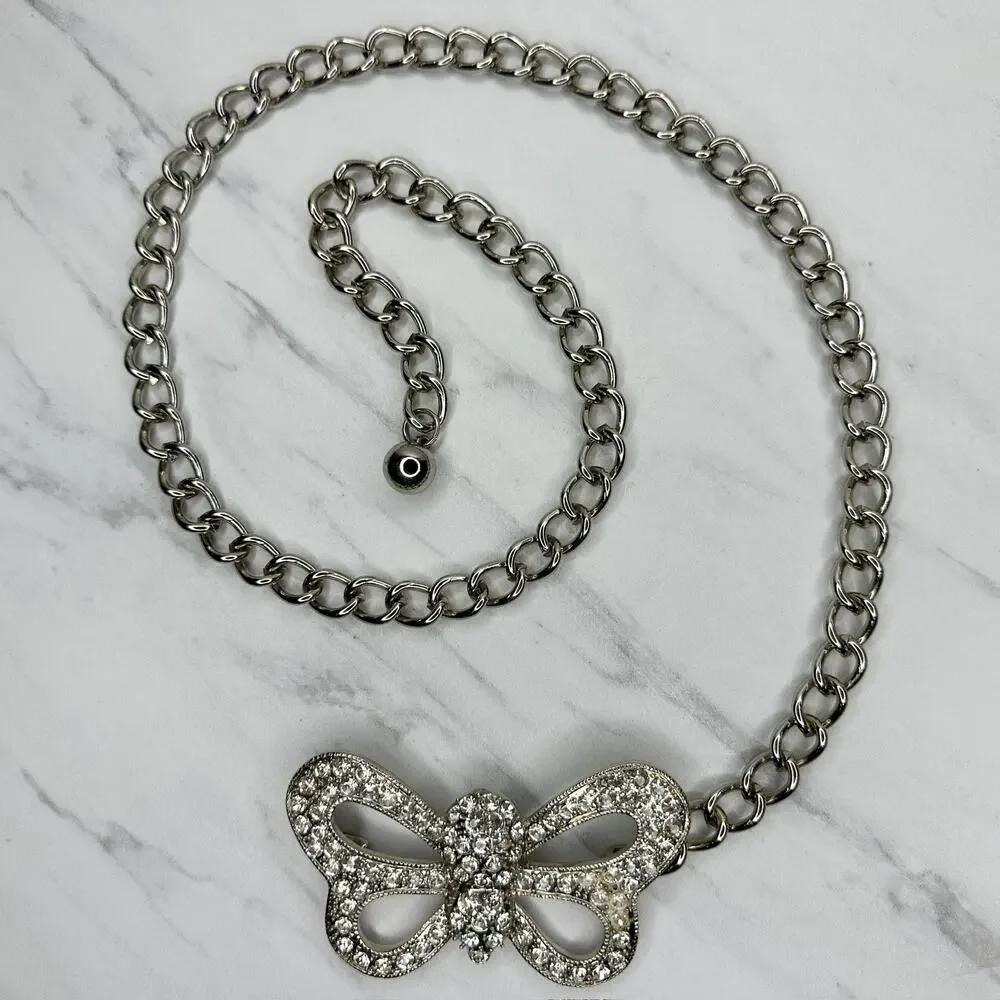 Womens Rhinestone Butterfly Chain Belt Silver Tone Chunky XS/Small ✨